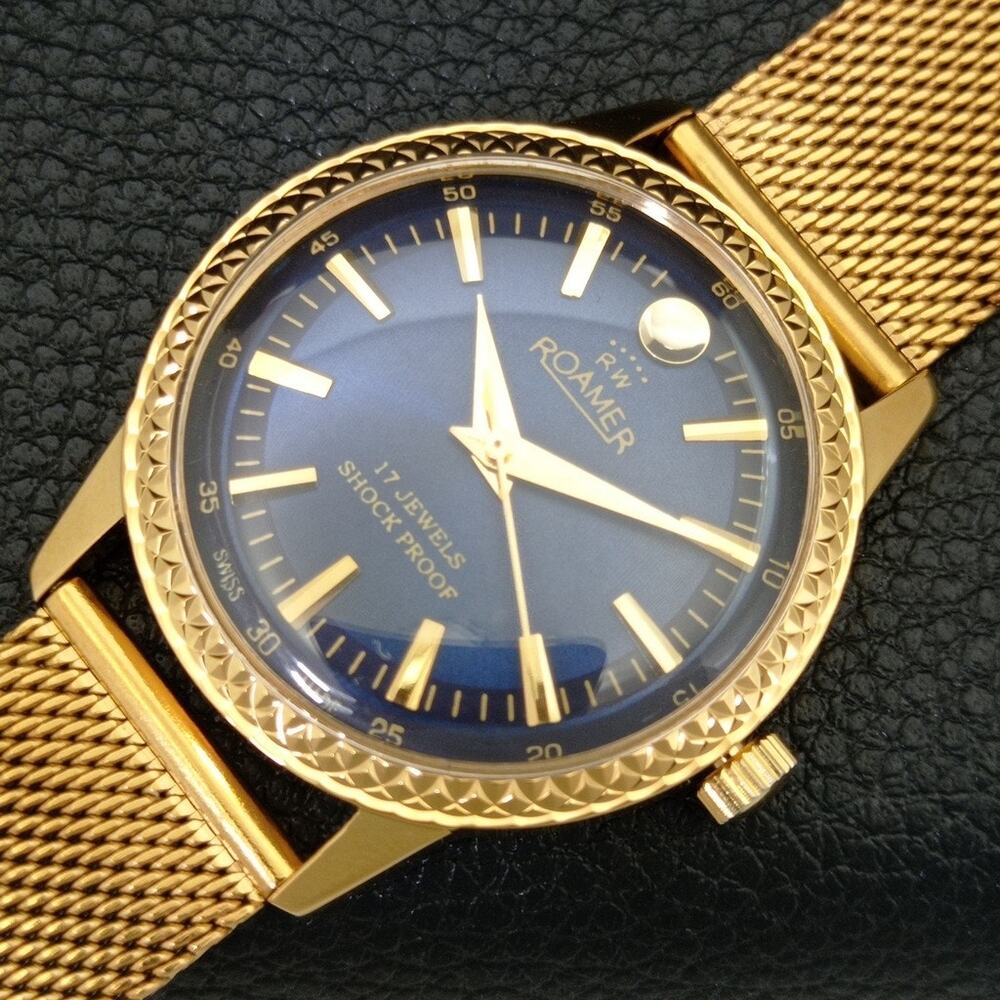 Vintage 1986 Roamer Manual Mens Gold Watch W/Metal Strap & Blue accents - Picture 6 of 9